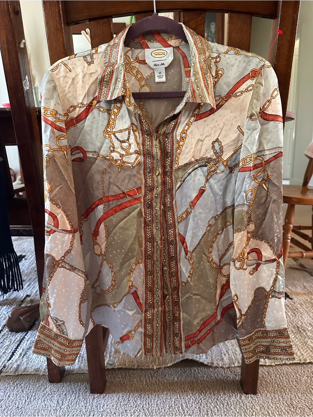 Talbots Chain-Print Button-Down Shirt in Beige, Red & Gold